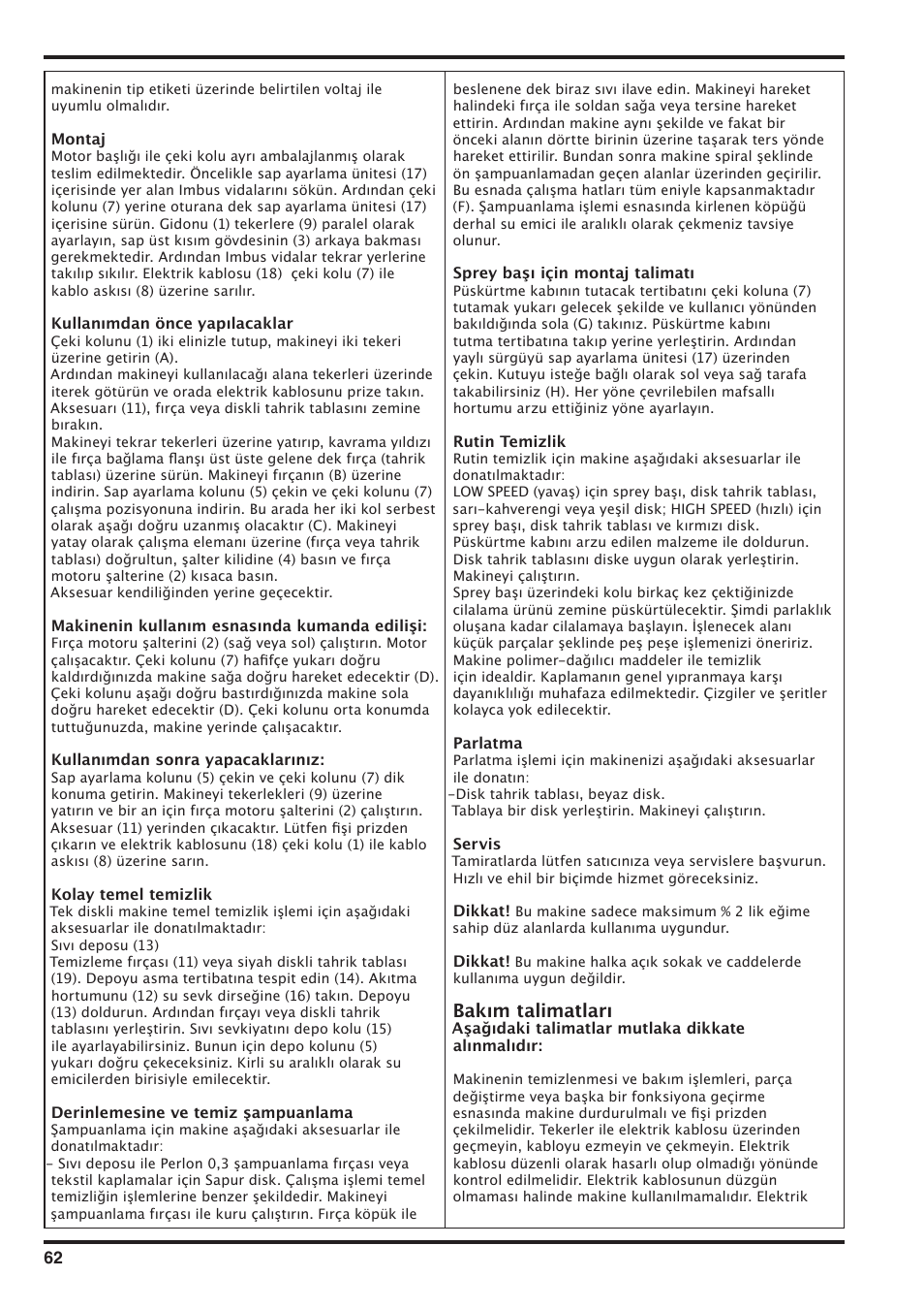 Bakım talimatları | Nilfisk-Advance America SD 43-400 User Manual | Page 62 / 70