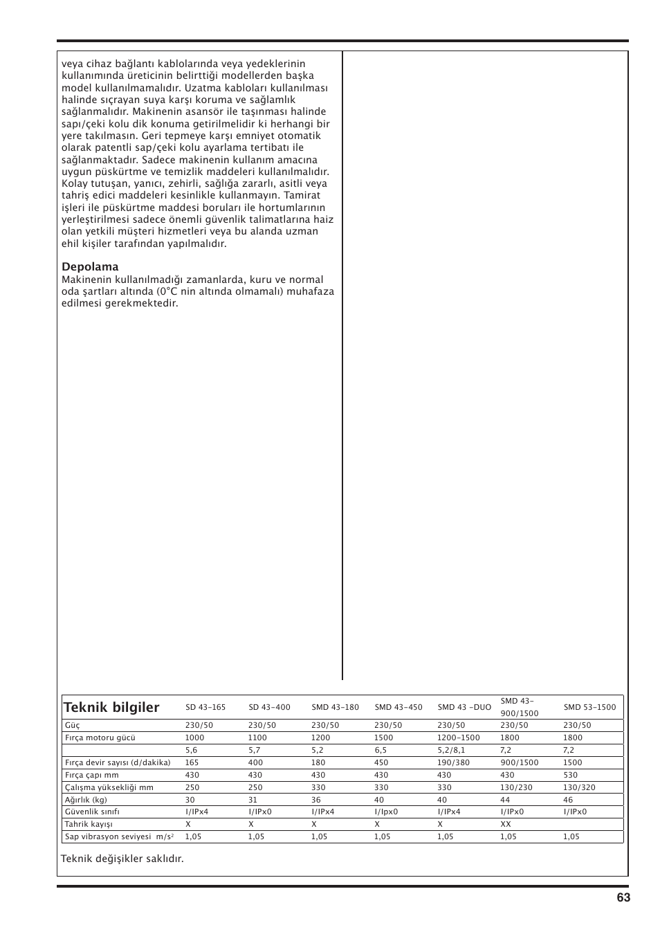 Teknik bilgiler, Depolama | Nilfisk-Advance America SD 43-400 User Manual | Page 63 / 70