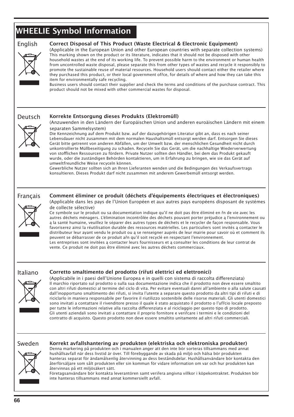 Wheelie symbol information, English, Deutsch | Français, Italiano, Sweden | Nilfisk-Advance America SD 43-400 User Manual | Page 66 / 70