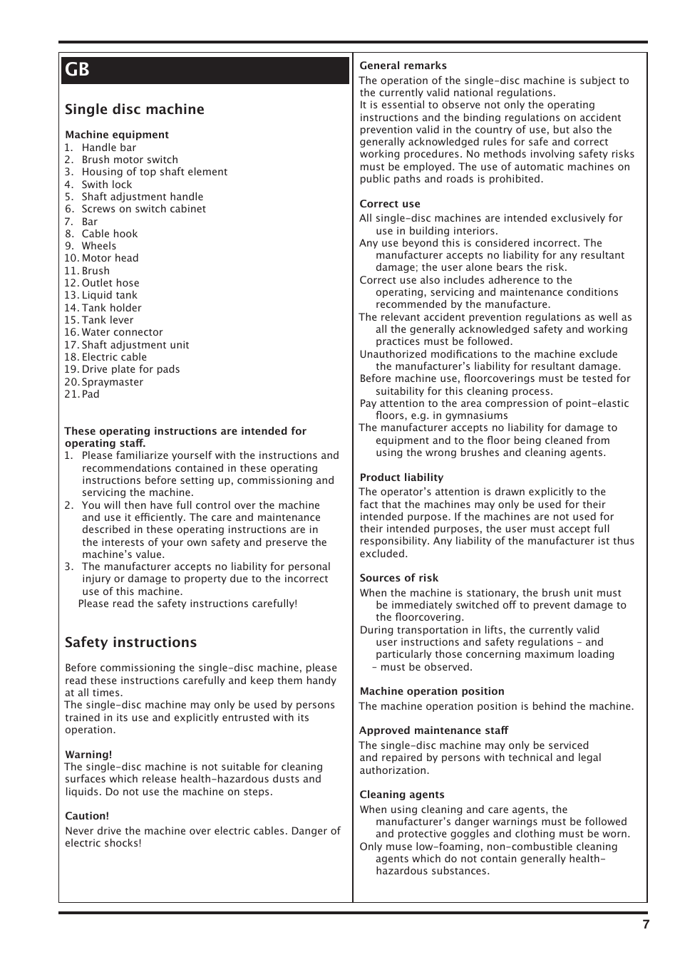 Single disc machine, Safety instructions | Nilfisk-Advance America SD 43-400 User Manual | Page 7 / 70