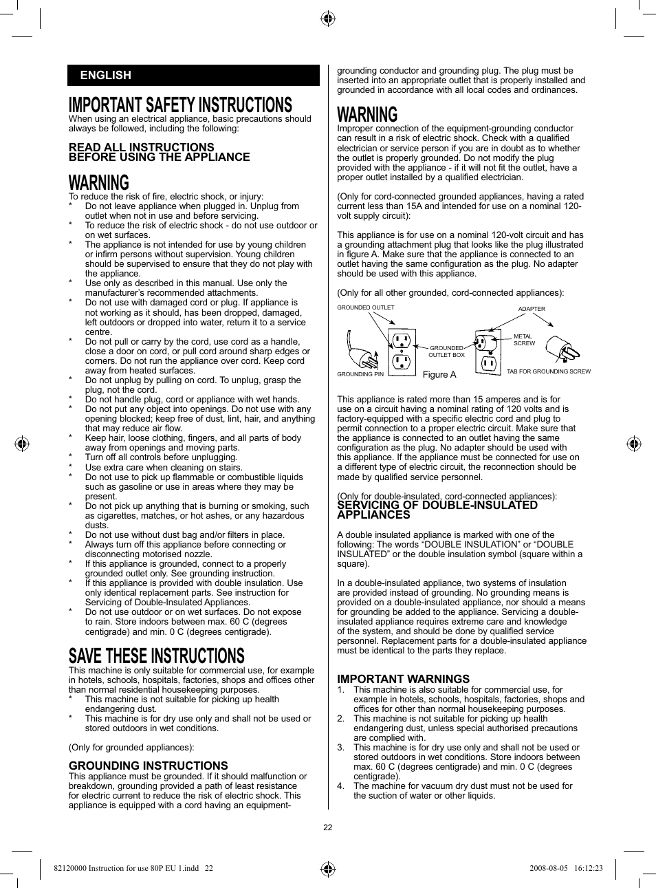 Important safety instructions, Warning, Save these instructions | Nilfisk-Advance America 82 User Manual | Page 22 / 60