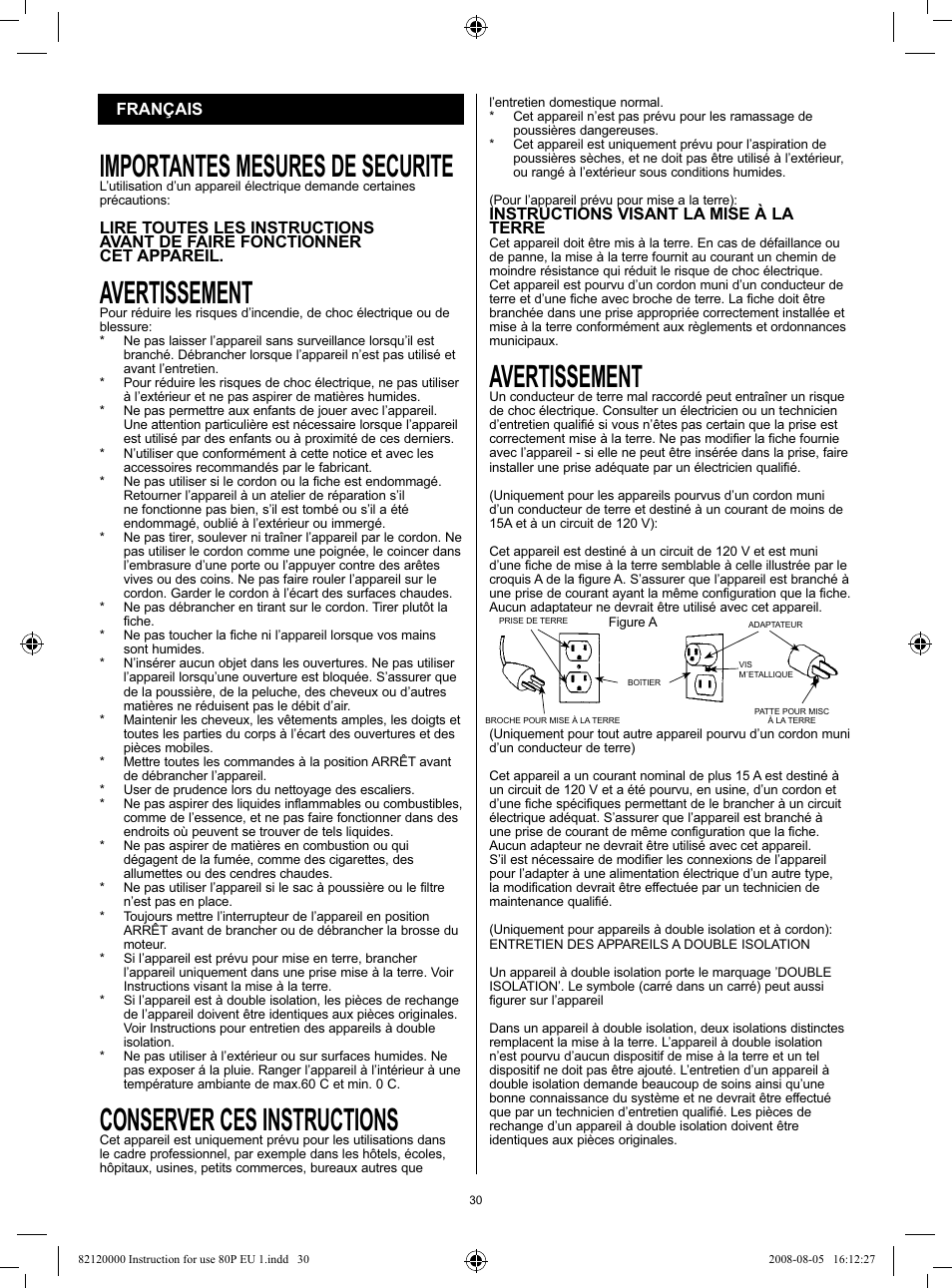 Importantes mesures de securite, Avertissement, Conserver ces instructions | Nilfisk-Advance America 82 User Manual | Page 30 / 60