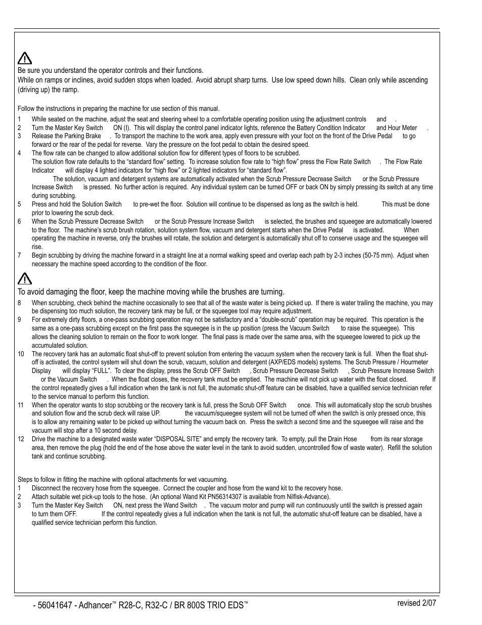 Warning, Caution, A-12 / english | Operating the machine, Wet vacuuming | Nilfisk-Advance America 56316025 (R32-C) User Manual | Page 12 / 36