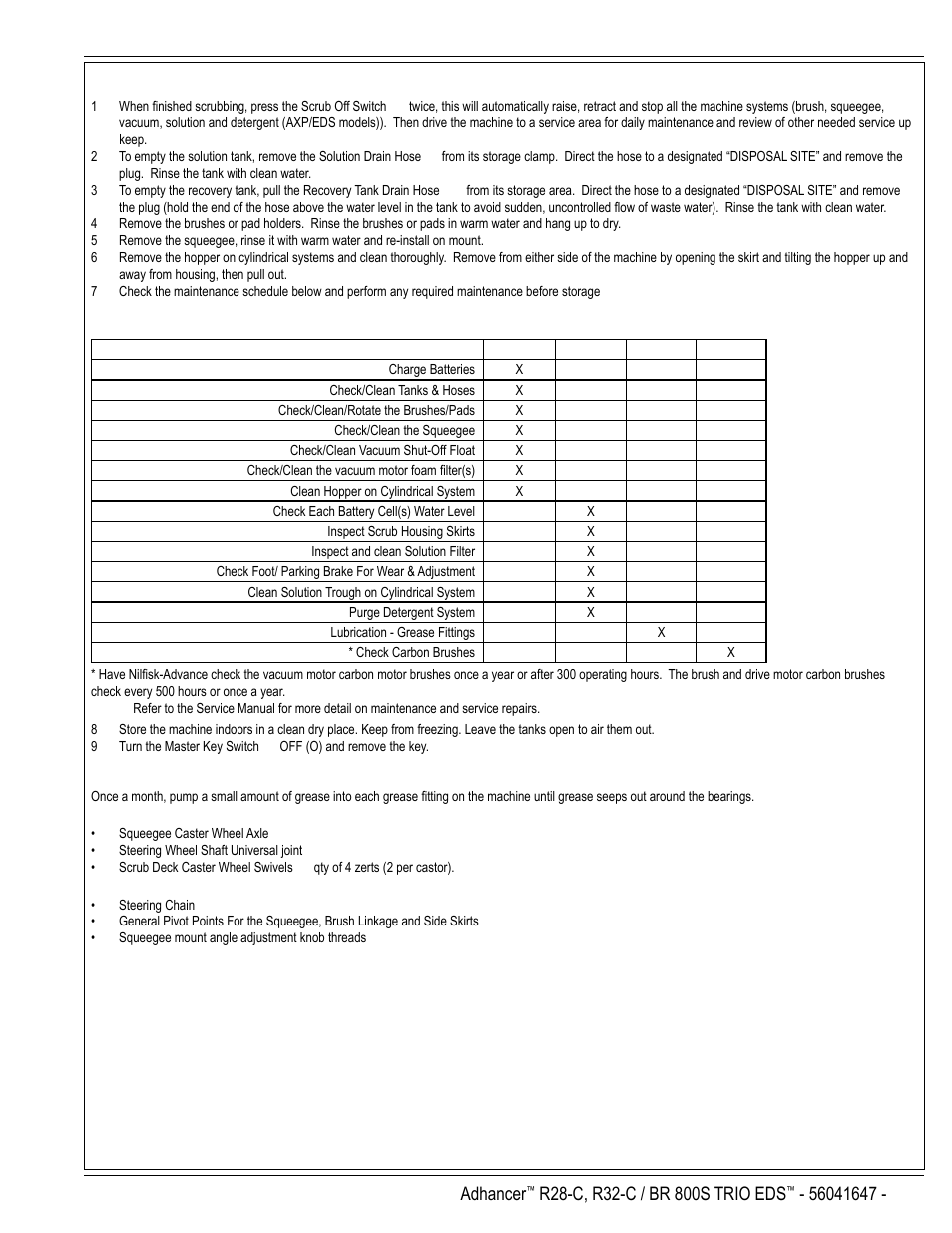 English / a-13, After use, Maintenance schedule | Lubricating the machine, Adhancer | Nilfisk-Advance America 56316025 (R32-C) User Manual | Page 13 / 36