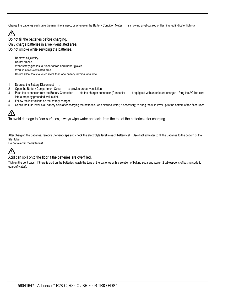 Warning, Caution, A-14 / english | Charging the batteries, Checking the battery electrolyte level | Nilfisk-Advance America 56316025 (R32-C) User Manual | Page 14 / 36