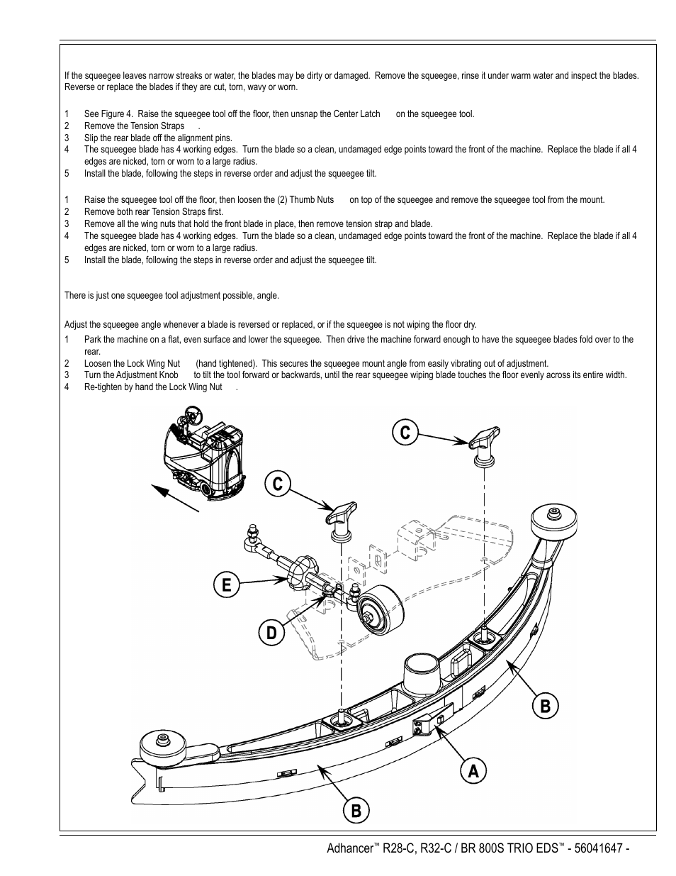 English / a-15, Squeegee maintenance, Squeegee adjustment | Figure 4 | Nilfisk-Advance America 56316025 (R32-C) User Manual | Page 15 / 36