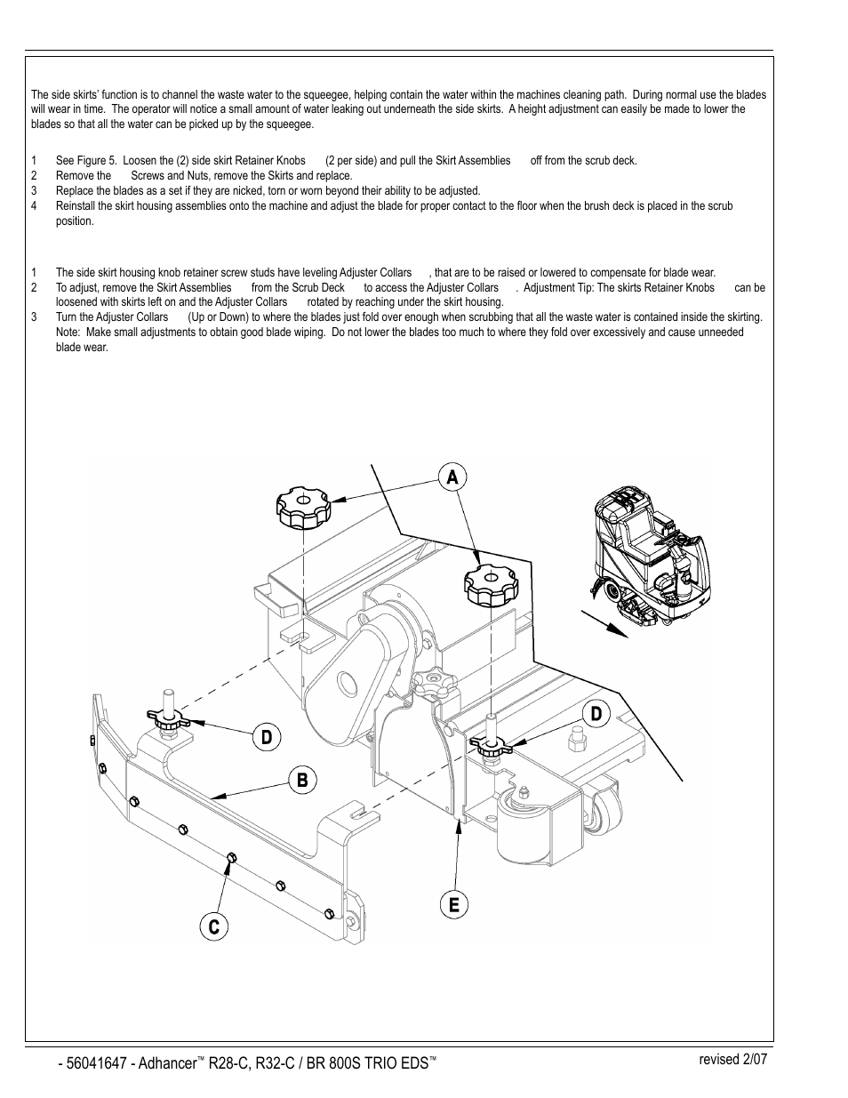 A-16 / english, Side skirt maintenance, Side skirt height adjustment | Figure 5 | Nilfisk-Advance America 56316025 (R32-C) User Manual | Page 16 / 36