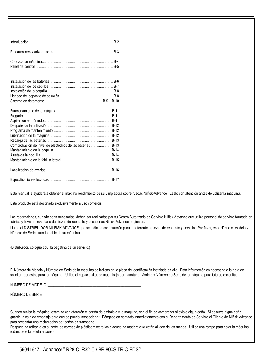 B-2 / español, Índice, Introducción | Componentes y servicio, Placa de identificación, Desembalaje de la máquina | Nilfisk-Advance America 56316025 (R32-C) User Manual | Page 20 / 36