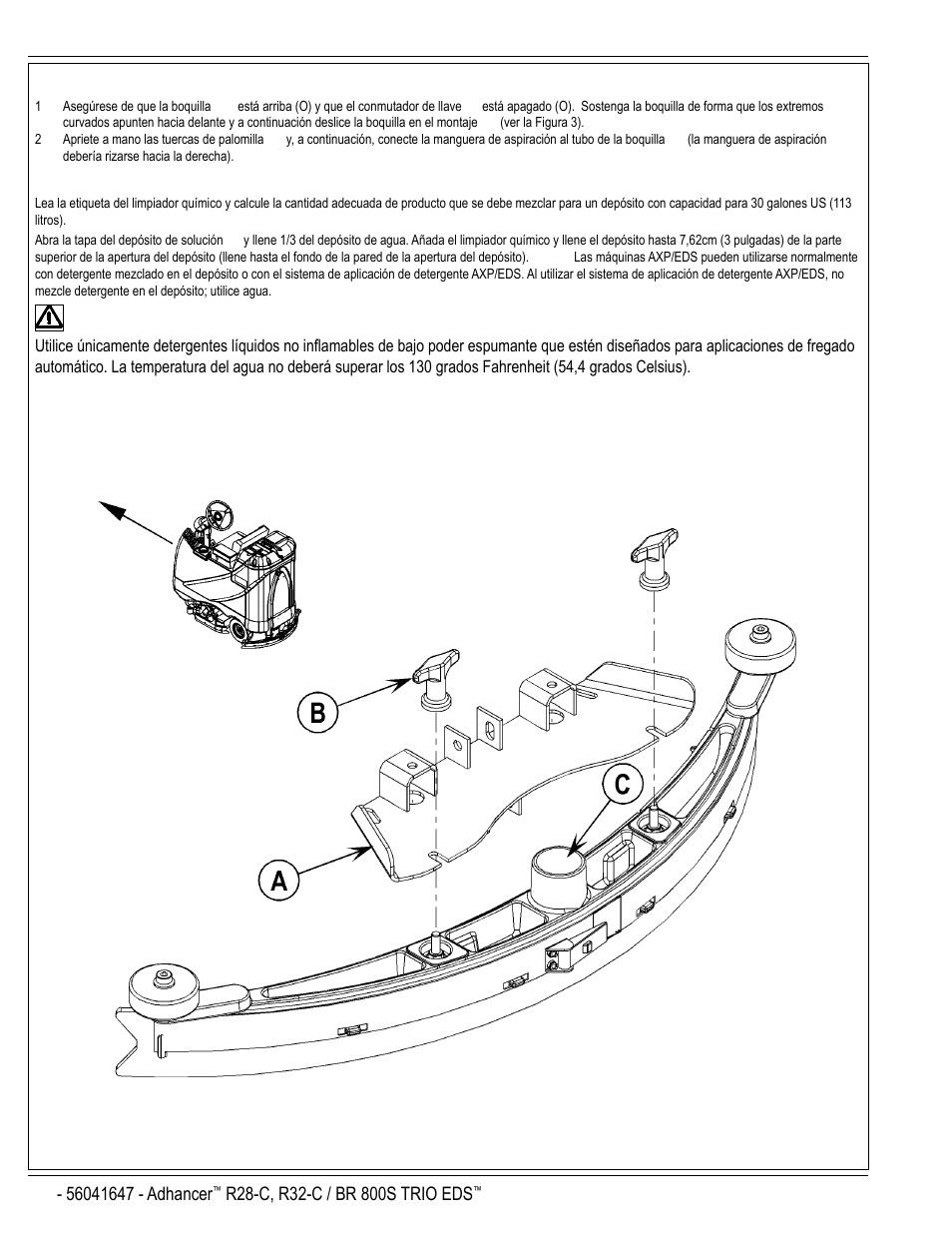 Precaución, B-8 / español, Instalación de la boquilla | Llenado del depósito de solución, Figura 3 | Nilfisk-Advance America 56316025 (R32-C) User Manual | Page 26 / 36