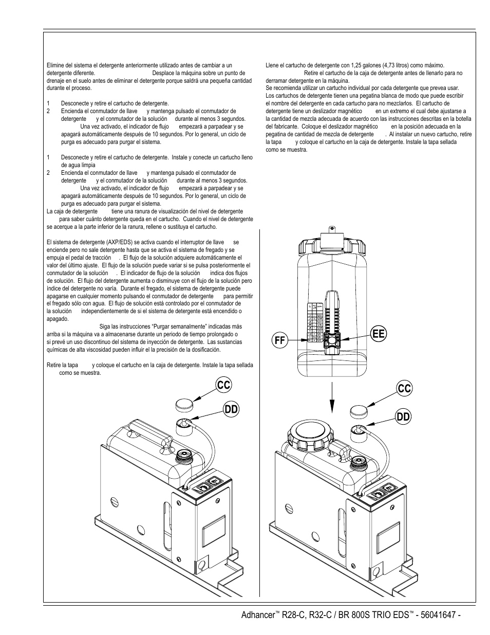 Español / b-9, Reparación y uso del sistema de detergente, Adhancer | Nilfisk-Advance America 56316025 (R32-C) User Manual | Page 27 / 36