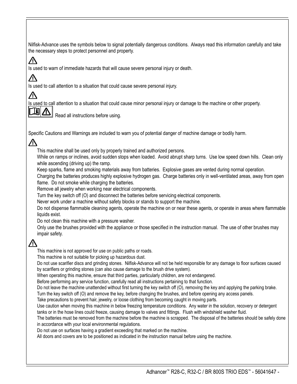 Cautions and warnings symbols, Danger, Warning | Caution, General safety instructions, Save these instructions, English / a-3 | Nilfisk-Advance America 56316025 (R32-C) User Manual | Page 3 / 36