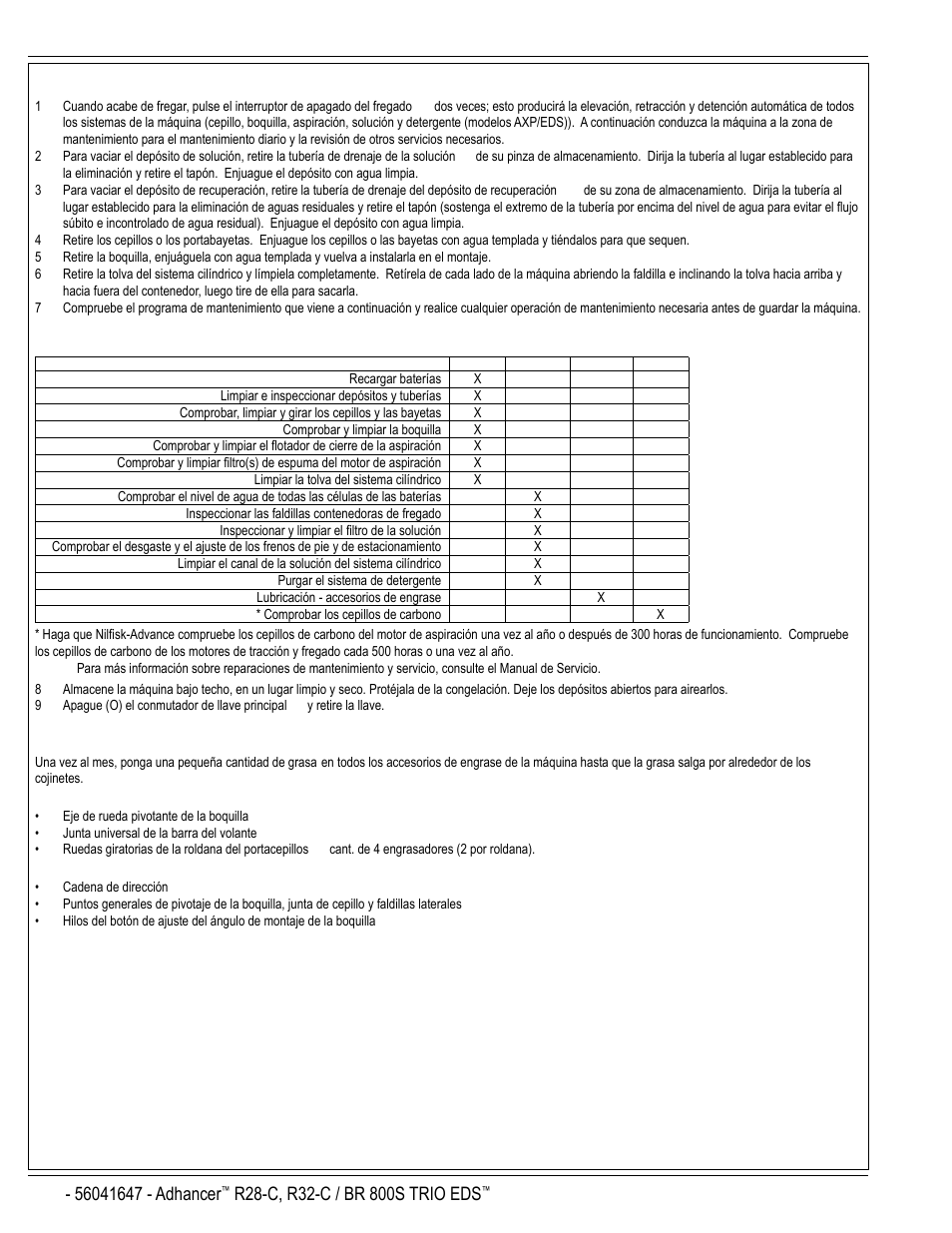 B-12 / español, Después de la utilización, Programa de mantenimiento | Lubricación de la máquina | Nilfisk-Advance America 56316025 (R32-C) User Manual | Page 30 / 36