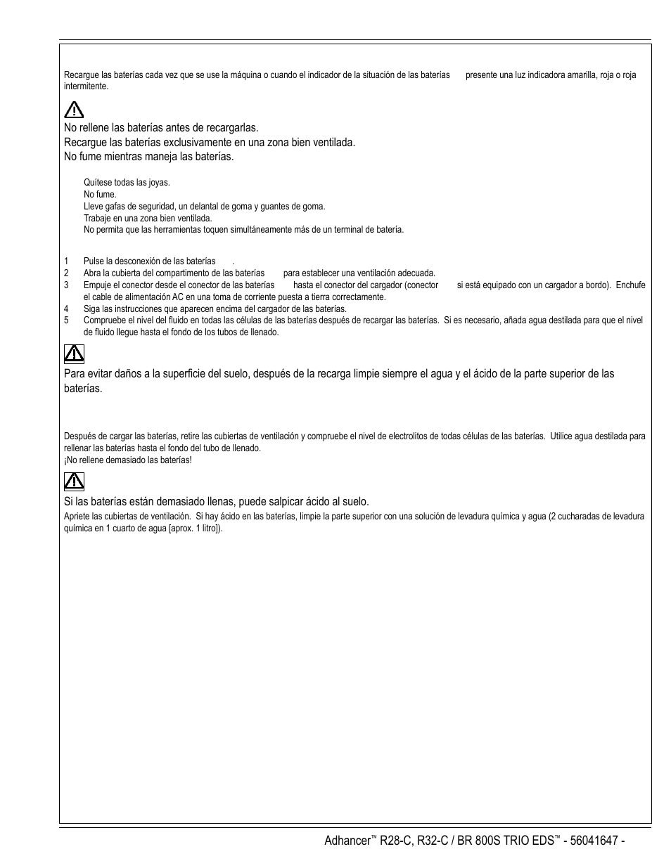 Advertencia, Precaución, Español / b-13 | Recarga de baterías | Nilfisk-Advance America 56316025 (R32-C) User Manual | Page 31 / 36