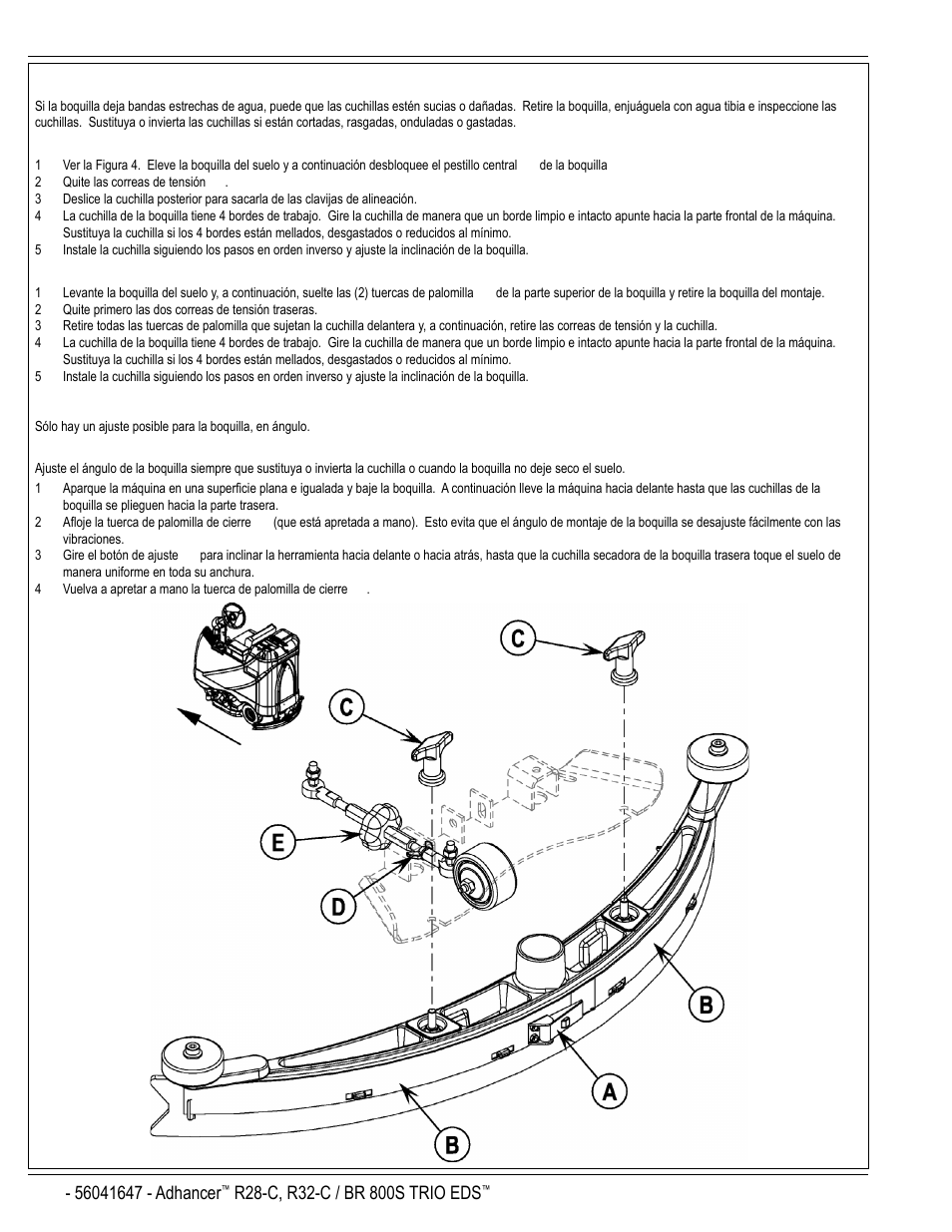 B-14 / español, Mantenimiento de la boquilla, Ajuste de la boquilla | Figura 4 | Nilfisk-Advance America 56316025 (R32-C) User Manual | Page 32 / 36