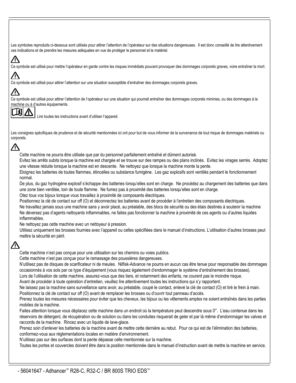 Consignes de prudence et de sécurité symboles, Danger, Attention | Prudence, Consignes generales de securite, Conservez soigneusement ces instructions, A-4 / english | Nilfisk-Advance America 56316025 (R32-C) User Manual | Page 4 / 36