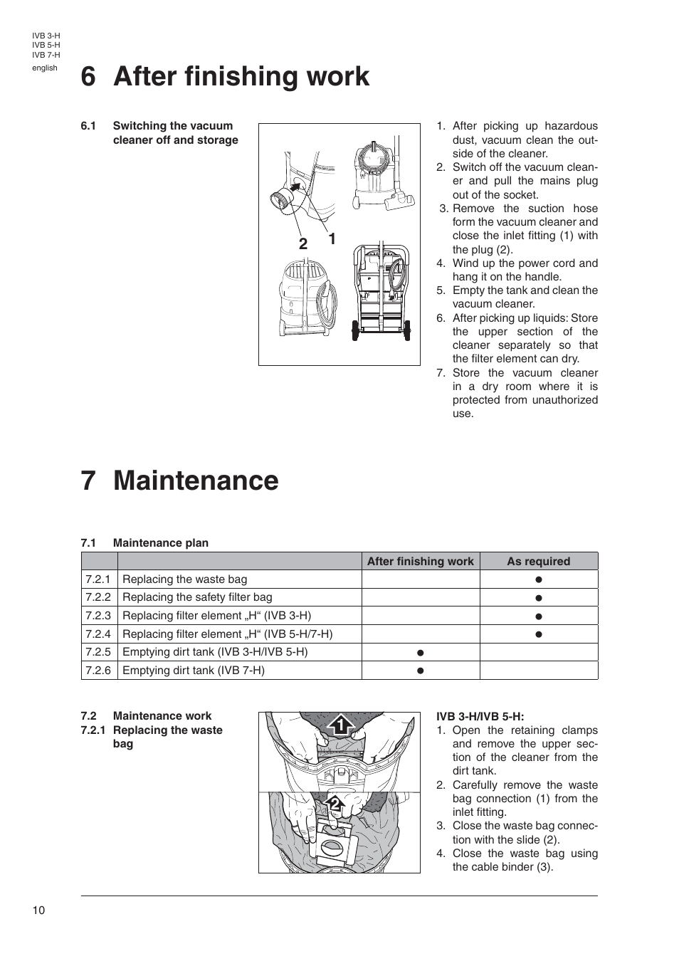 6 after finishing work, 7 maintenance | Nilfisk-Advance America IVB 5-H User Manual | Page 12 / 19