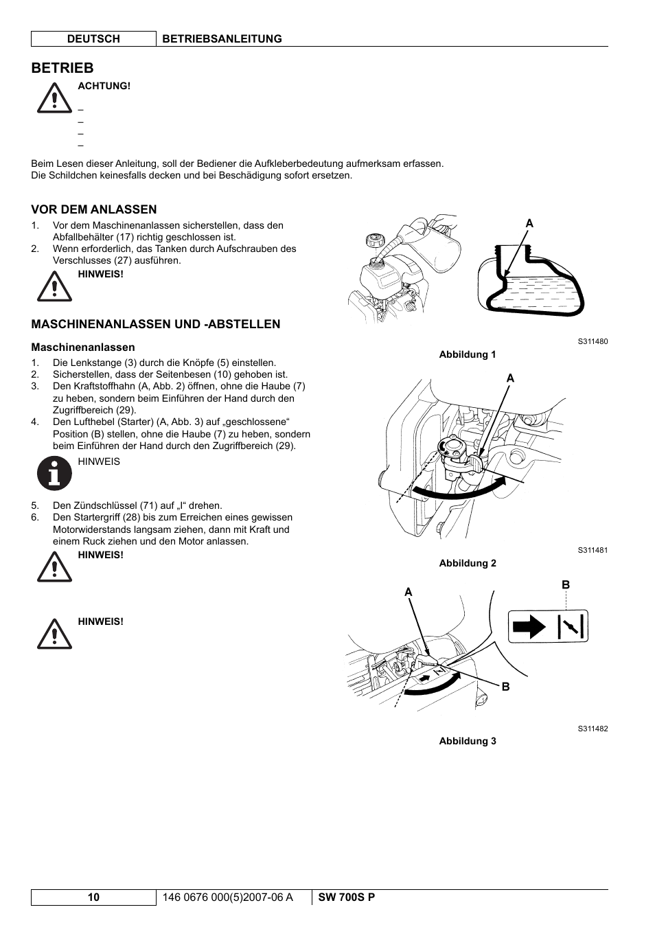 Betrieb | Nilfisk-Advance America SW 700S P User Manual | Page 12 / 84