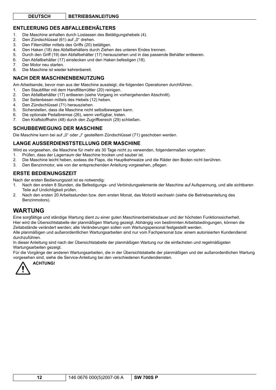 Wartung | Nilfisk-Advance America SW 700S P User Manual | Page 14 / 84