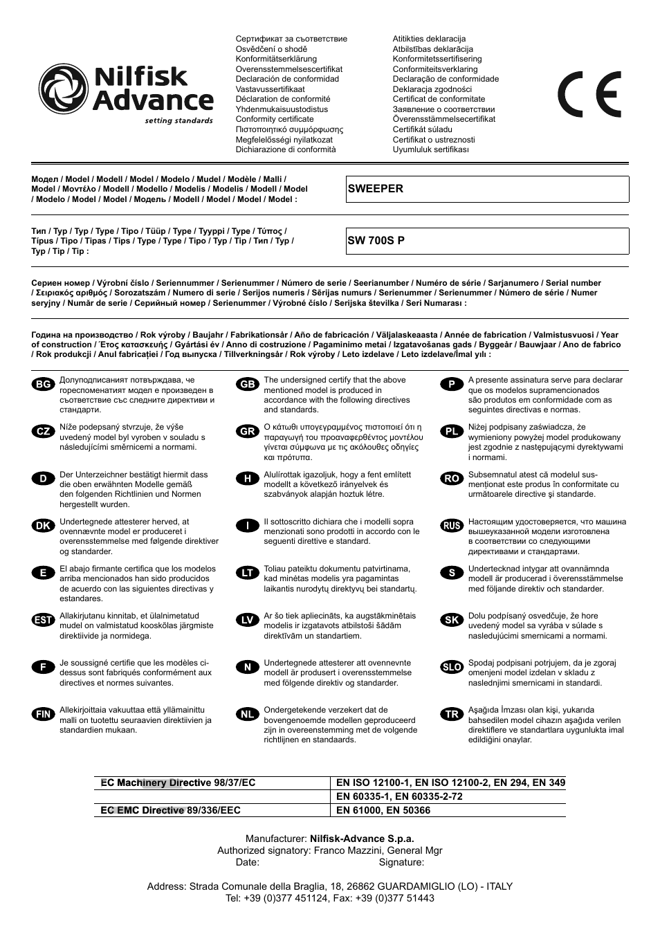 Fa c-simile fafafafa | Nilfisk-Advance America SW 700S P User Manual | Page 2 / 84