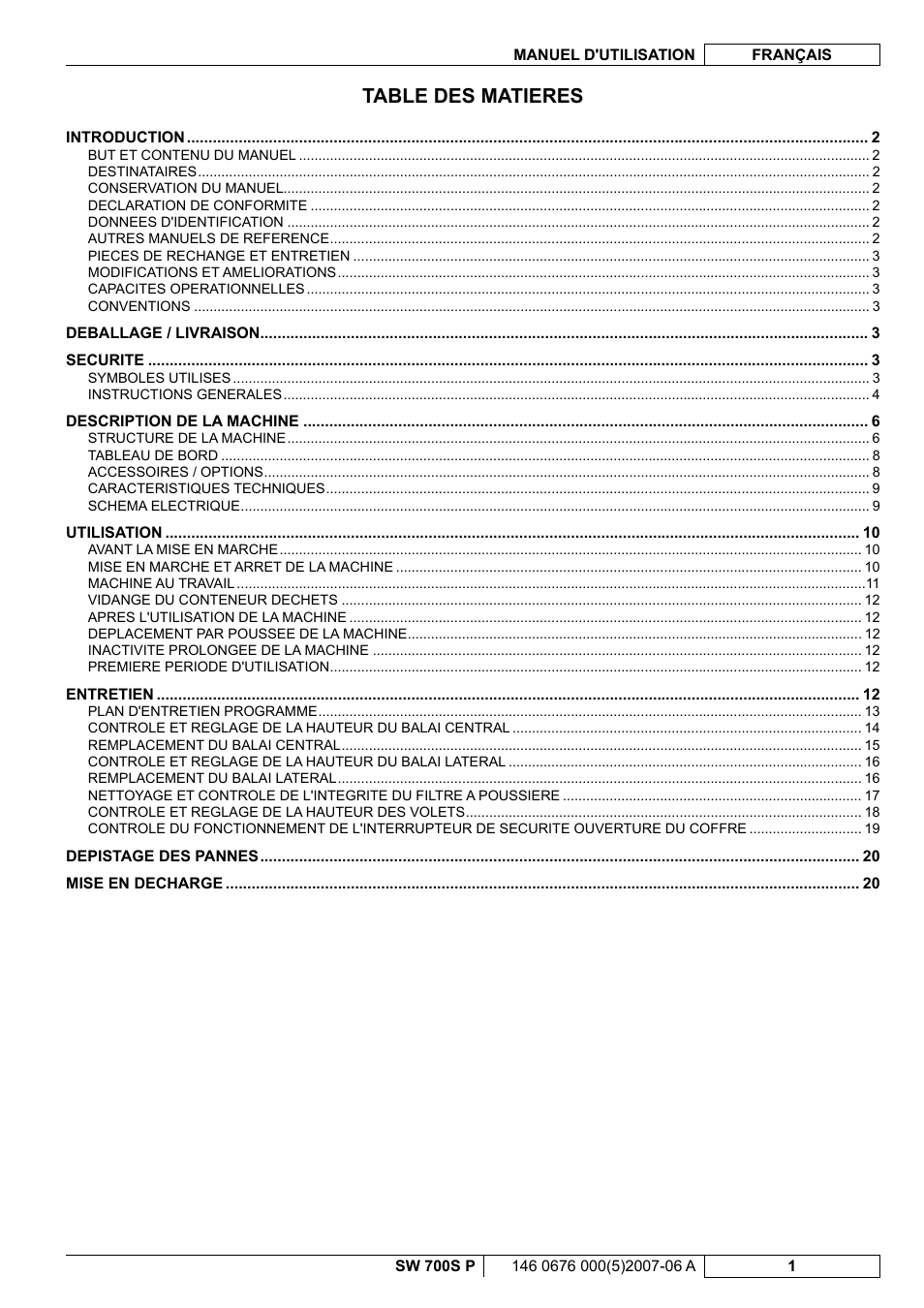 Table des matieres | Nilfisk-Advance America SW 700S P User Manual | Page 23 / 84