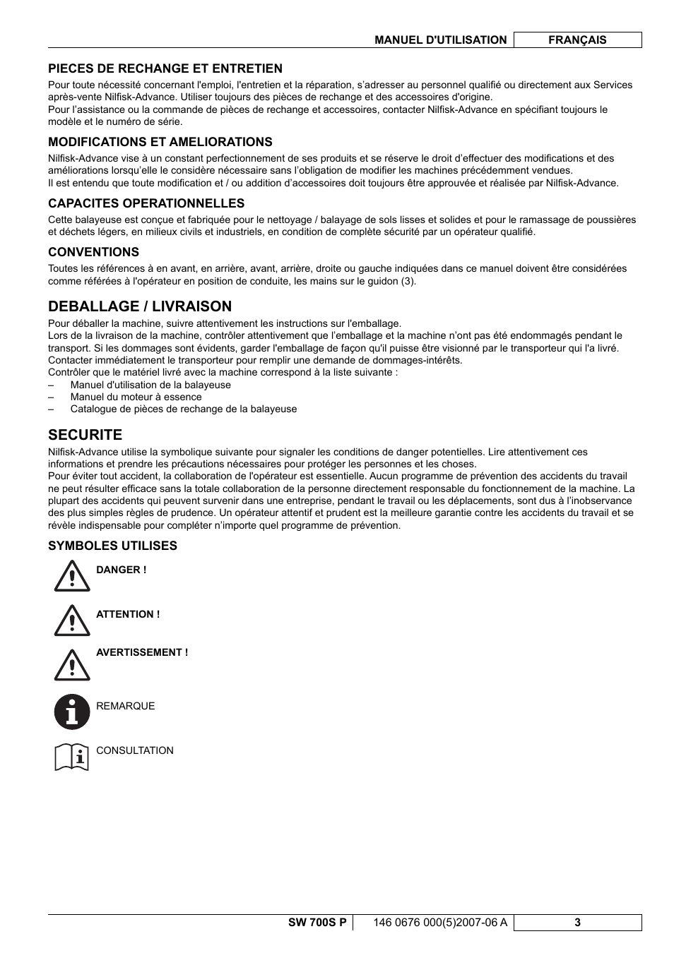 Deballage / livraison, Securite | Nilfisk-Advance America SW 700S P User Manual | Page 25 / 84