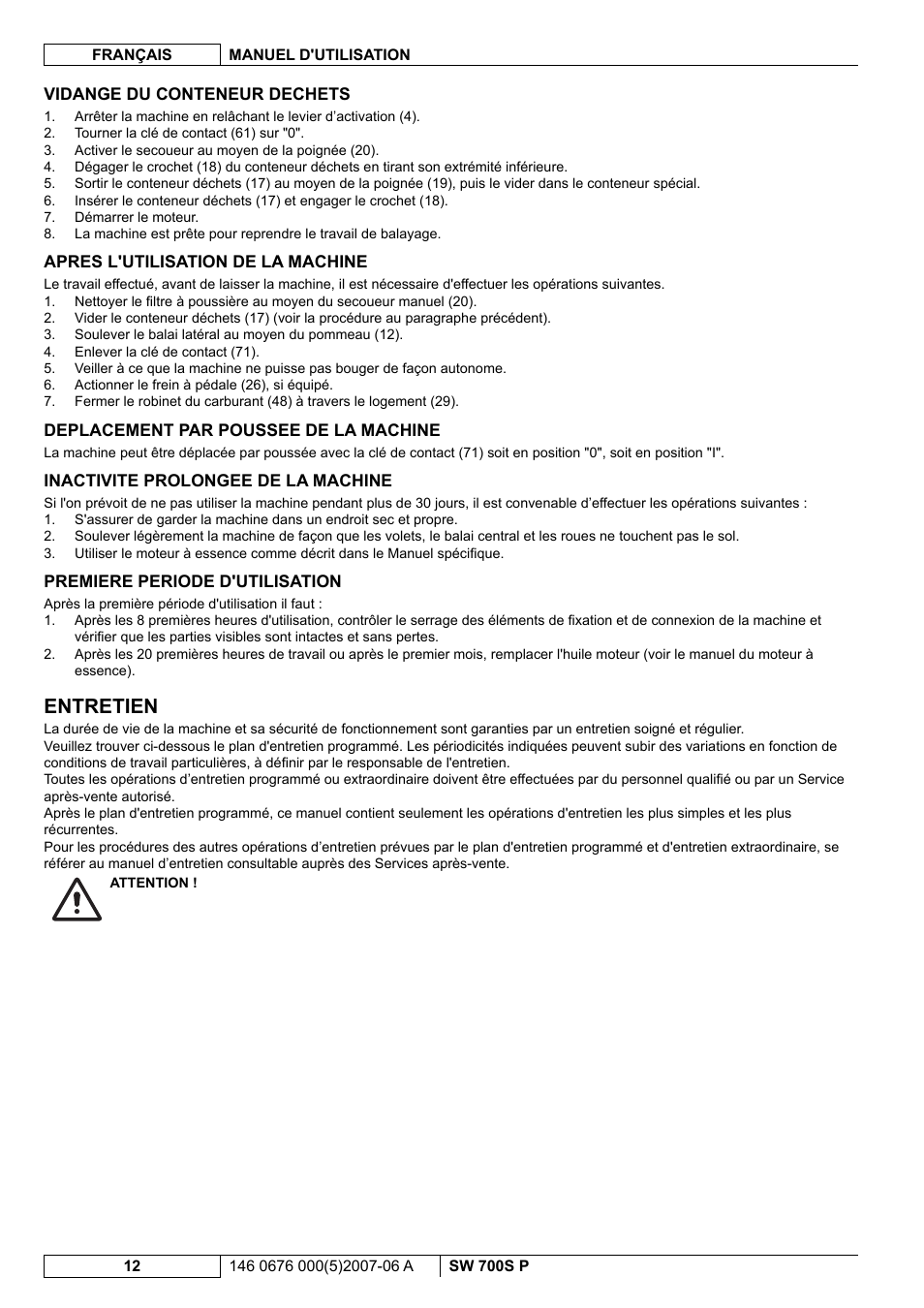 Entretien | Nilfisk-Advance America SW 700S P User Manual | Page 34 / 84