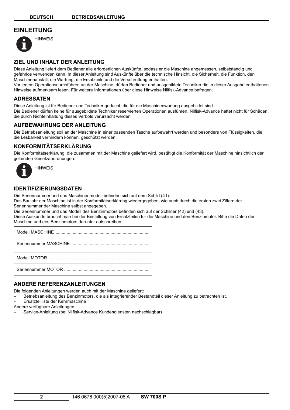 Einleitung | Nilfisk-Advance America SW 700S P User Manual | Page 4 / 84