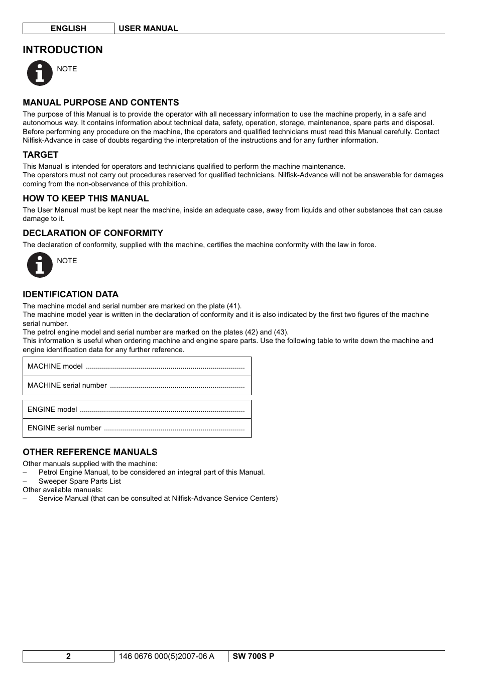 Introduction | Nilfisk-Advance America SW 700S P User Manual | Page 44 / 84