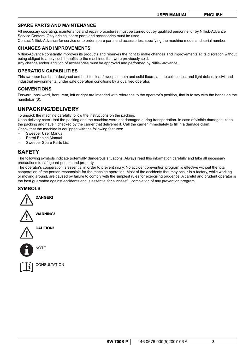 Unpacking/delivery, Safety | Nilfisk-Advance America SW 700S P User Manual | Page 45 / 84