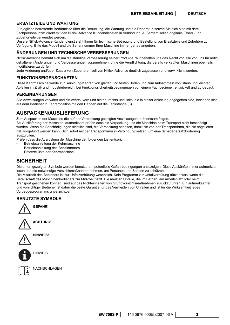 Auspacken/auslieferung, Sicherheit | Nilfisk-Advance America SW 700S P User Manual | Page 5 / 84