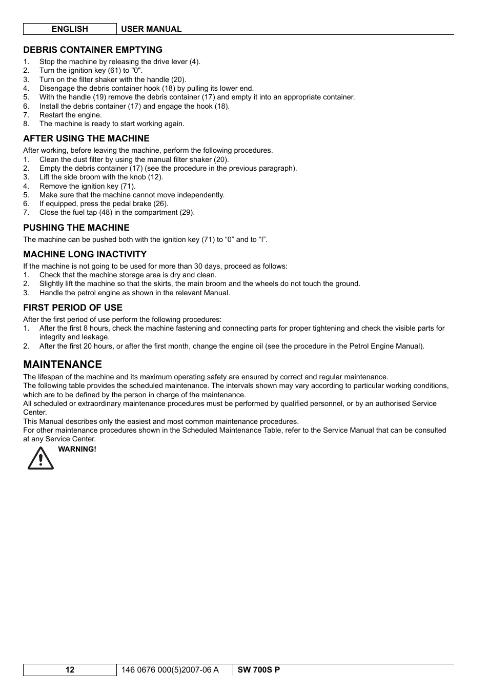 Maintenance | Nilfisk-Advance America SW 700S P User Manual | Page 54 / 84