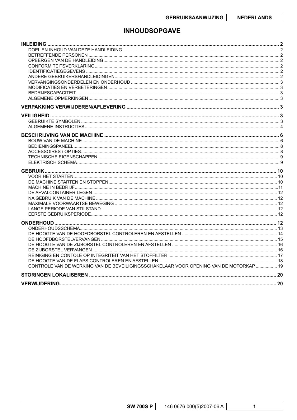 Inhoudsopgave | Nilfisk-Advance America SW 700S P User Manual | Page 63 / 84