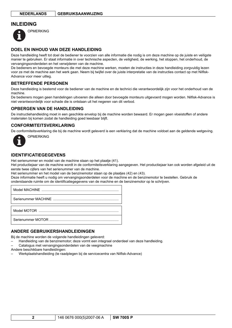 Inleiding | Nilfisk-Advance America SW 700S P User Manual | Page 64 / 84