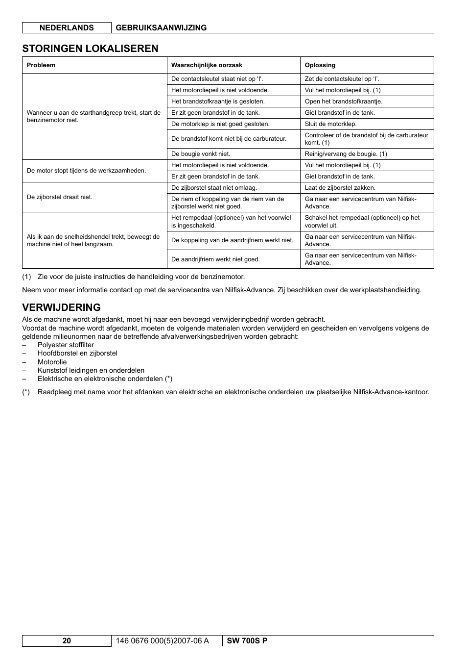 Storingen lokaliseren, Verwijdering | Nilfisk-Advance America SW 700S P User Manual | Page 82 / 84