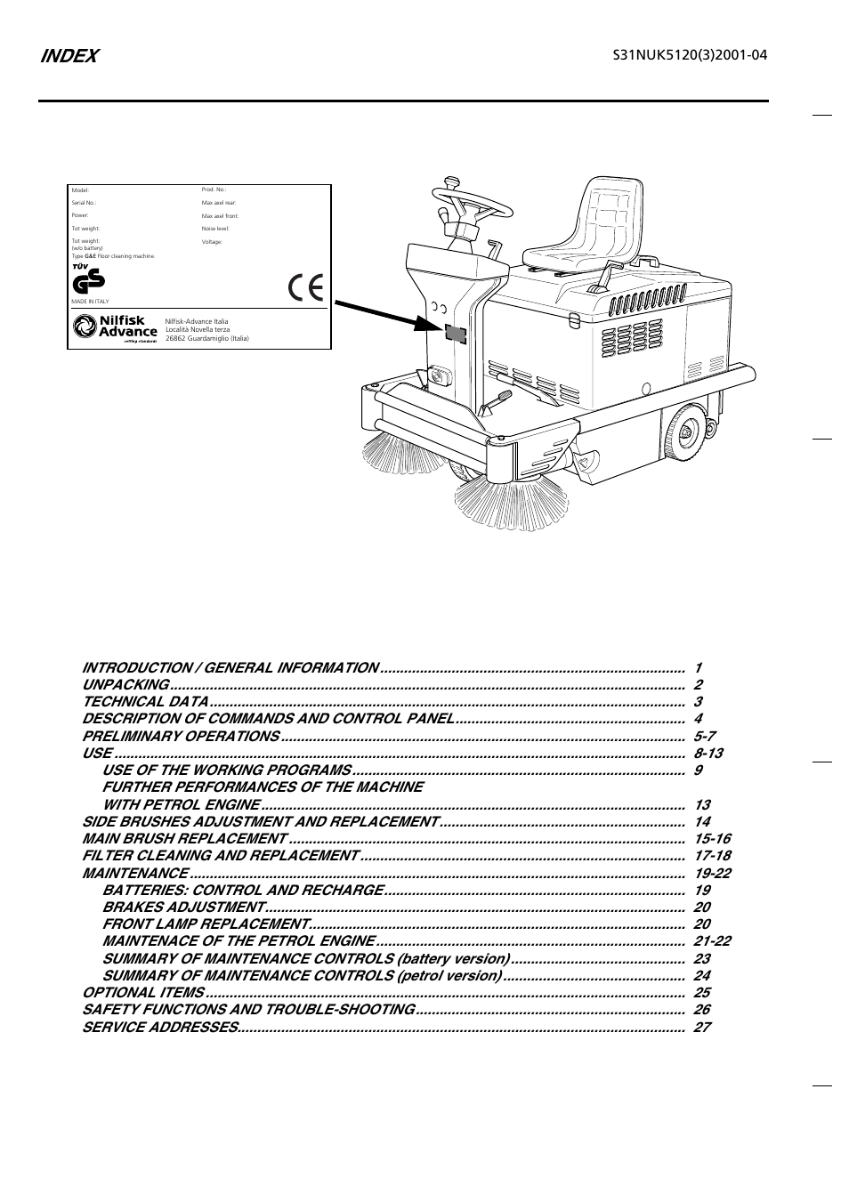 Index | Nilfisk-Advance America SR 5120 P/B User Manual | Page 2 / 30