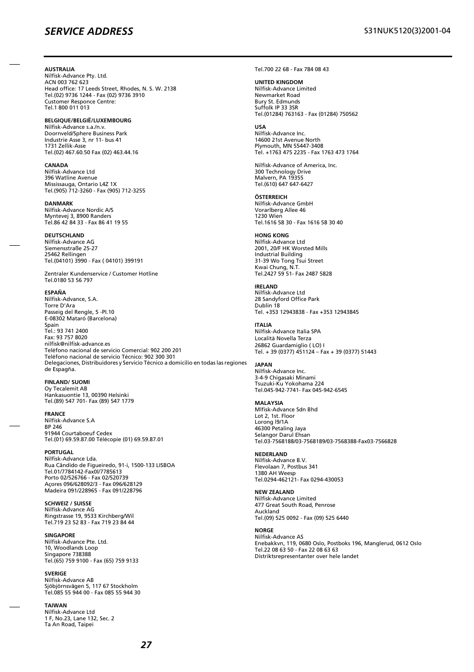 Service address | Nilfisk-Advance America SR 5120 P/B User Manual | Page 29 / 30