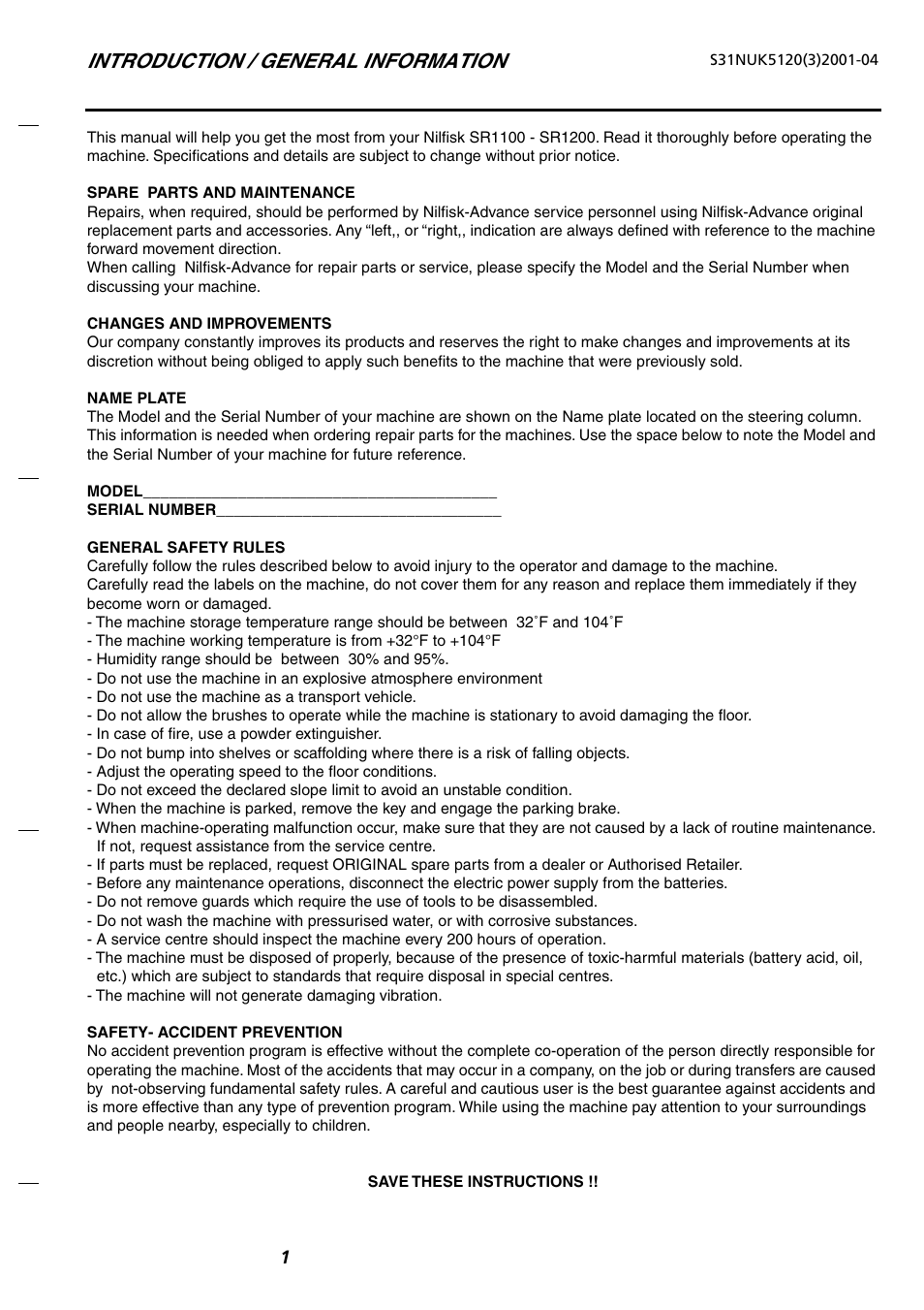 Introduction / general information | Nilfisk-Advance America SR 5120 P/B User Manual | Page 3 / 30