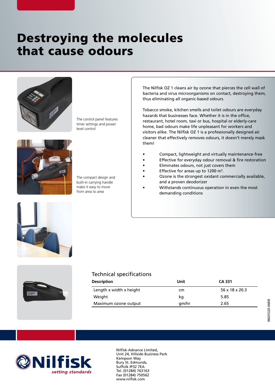 Destroying the molecules that cause odours, Technical specifications | Nilfisk-Advance America Mobile Odour Control Machines Nilfisk OZ 1 User Manual | Page 2 / 2