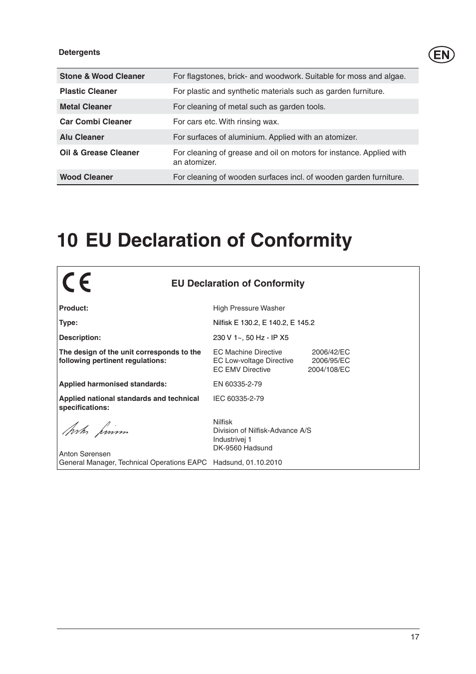 10 eu declaration of conformity | Nilfisk-Advance America E 140.2 User Manual | Page 17 / 19