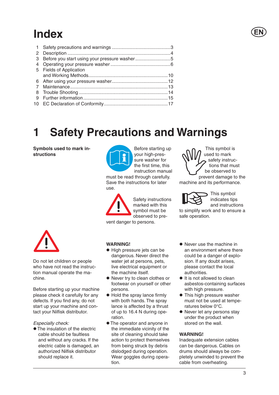 Index, 1 safety precautions and warnings | Nilfisk-Advance America E 140.2 User Manual | Page 3 / 19