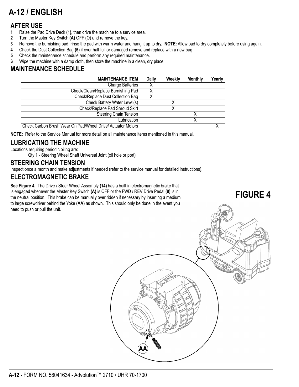 Figure 4, A-12 / english, After use | Maintenance schedule, Lubricating the machine, Steering chain tension, Electromagnetic brake | Nilfisk-Advance America Advolution UHR 70-1700 User Manual | Page 12 / 30