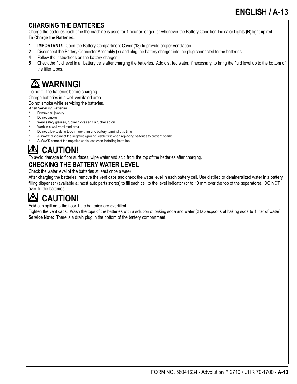 Warning, Caution, English / a-13 | Charging the batteries, Checking the battery water level | Nilfisk-Advance America Advolution UHR 70-1700 User Manual | Page 13 / 30