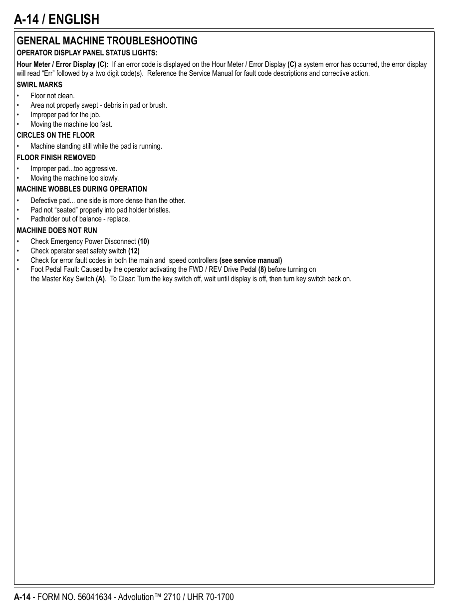 A-14 / english, General machine troubleshooting | Nilfisk-Advance America Advolution UHR 70-1700 User Manual | Page 14 / 30