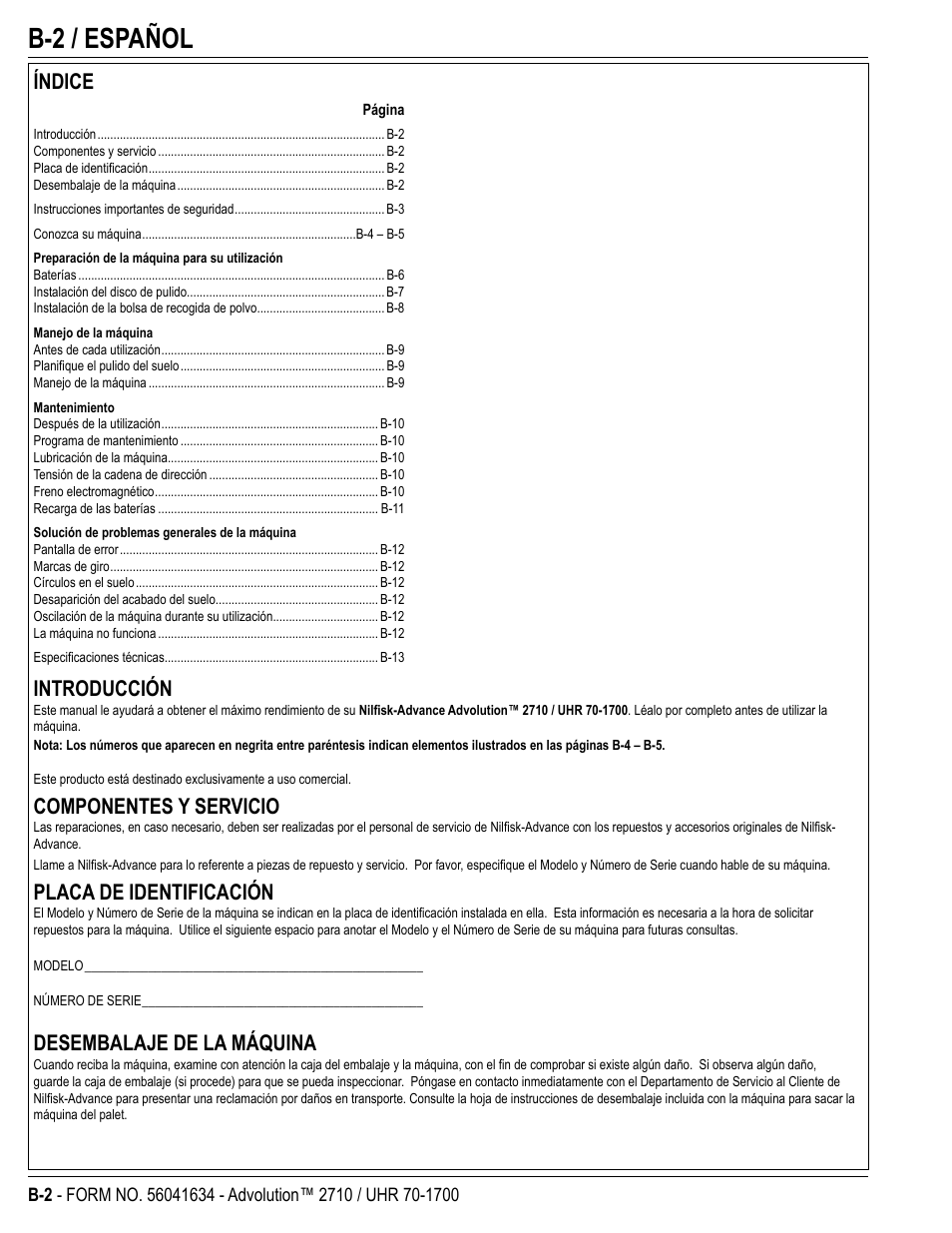B-2 / español, Índice, Introducción | Componentes y servicio, Placa de identificación, Desembalaje de la máquina | Nilfisk-Advance America Advolution UHR 70-1700 User Manual | Page 16 / 30