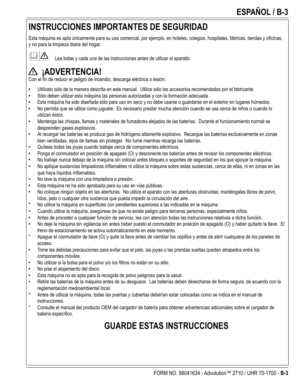Instrucciones importantes de seguridad, Advertencia, Guarde estas instrucciones | Español / b-3 | Nilfisk-Advance America Advolution UHR 70-1700 User Manual | Page 17 / 30