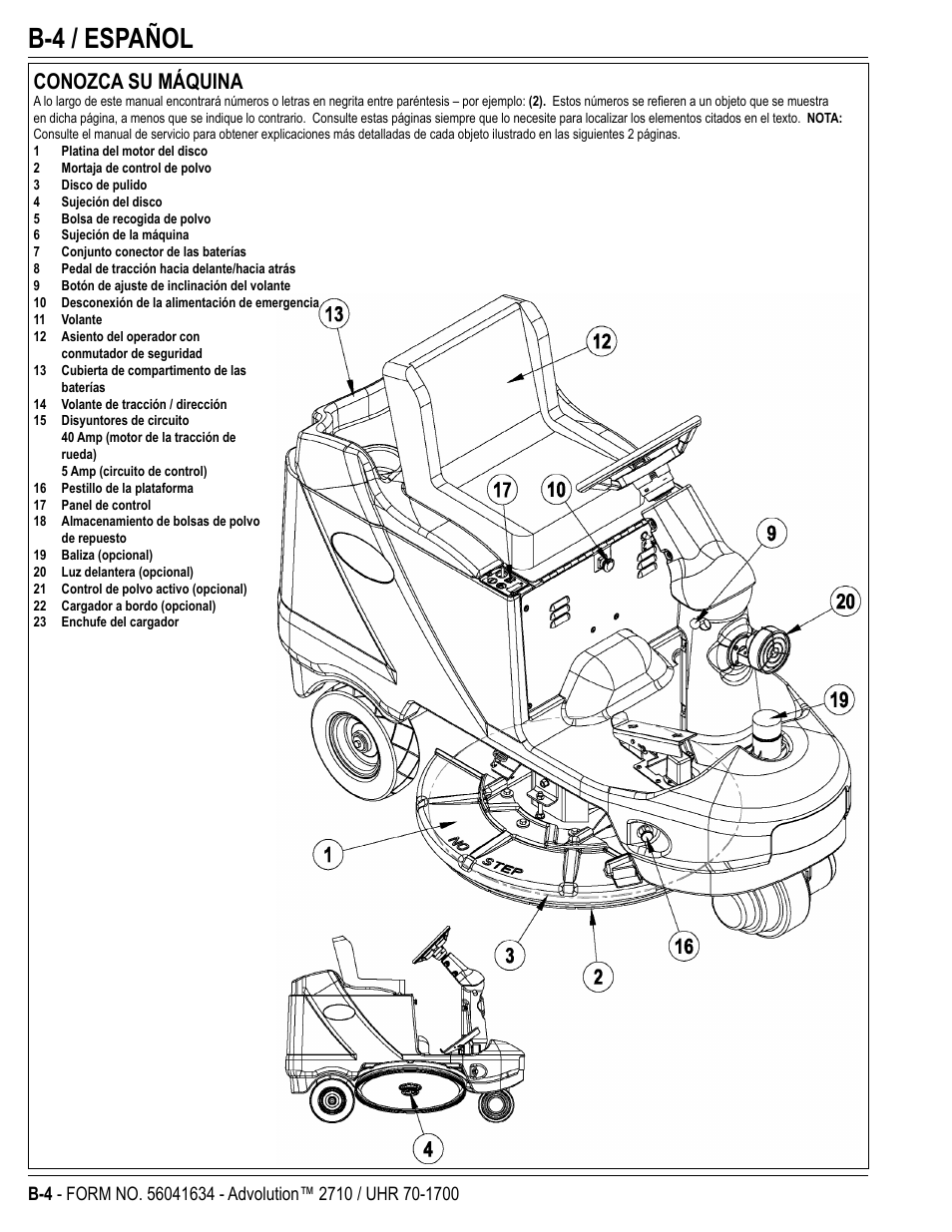 B-4 / español, Conozca su máquina | Nilfisk-Advance America Advolution UHR 70-1700 User Manual | Page 18 / 30