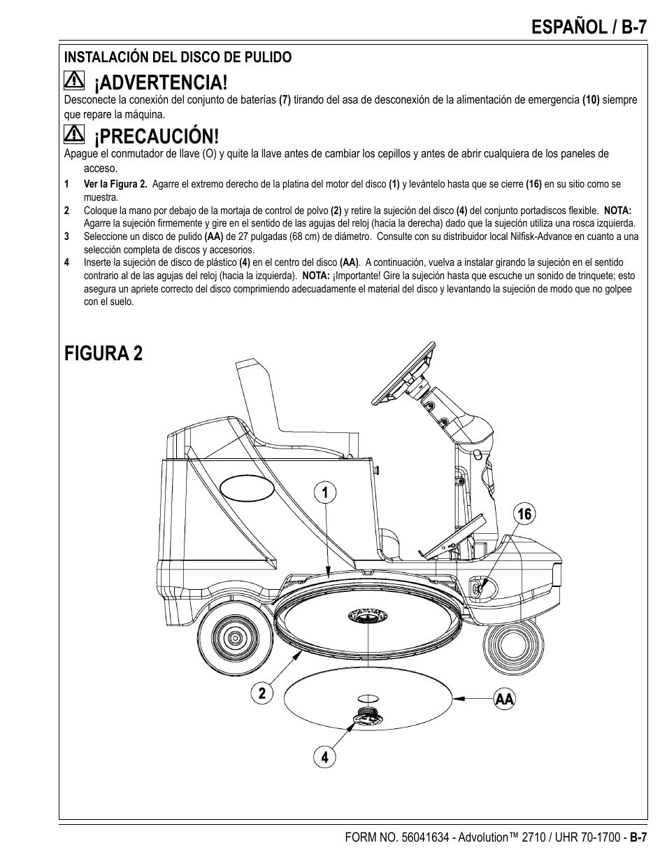 Advertencia, Precaución, Figura 2 | Español / b-7 | Nilfisk-Advance America Advolution UHR 70-1700 User Manual | Page 21 / 30