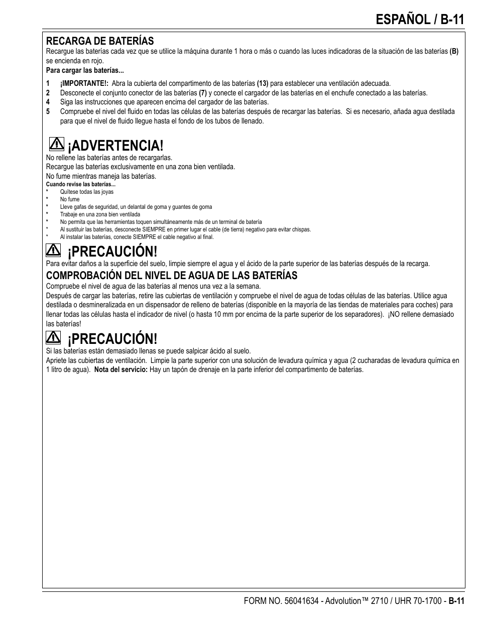 Advertencia, Precaución, Español / b-11 | Recarga de baterías, Comprobación del nivel de agua de las baterías | Nilfisk-Advance America Advolution UHR 70-1700 User Manual | Page 25 / 30