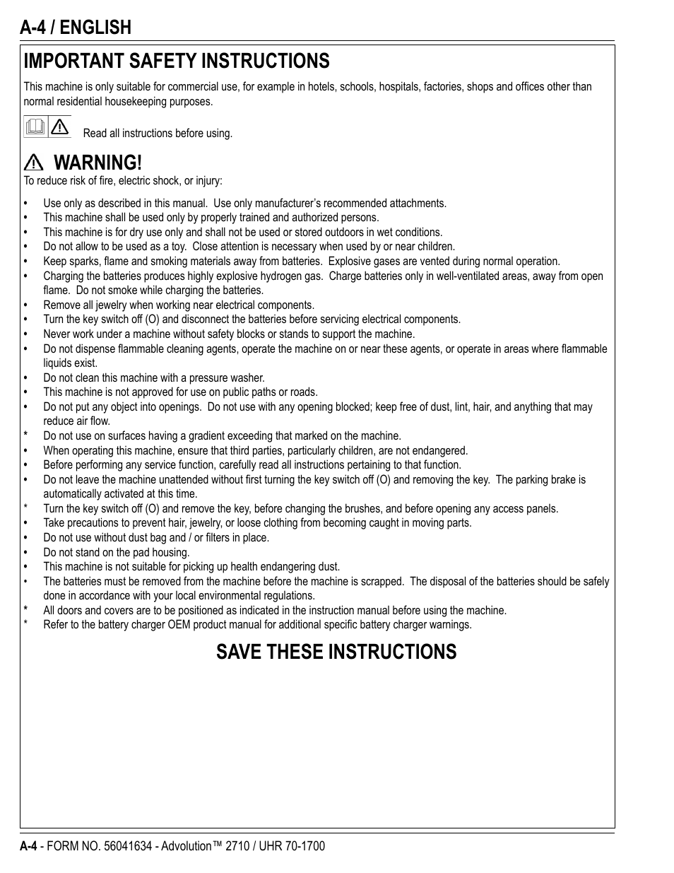 Important safety instructions, Warning, Save these instructions | A-4 / english | Nilfisk-Advance America Advolution UHR 70-1700 User Manual | Page 4 / 30