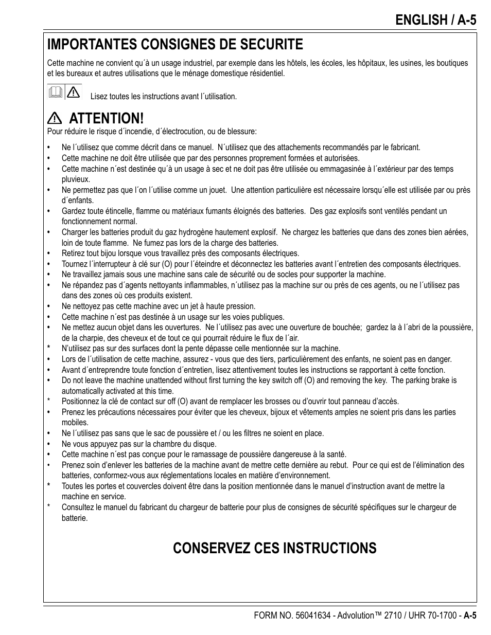 Importantes consignes de securite, Attention, Conservez ces instructions | English / a-5 | Nilfisk-Advance America Advolution UHR 70-1700 User Manual | Page 5 / 30